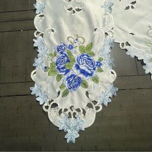 Flowers Embroidered Table Runner Blue White Polyester 68”x 13" some spots.